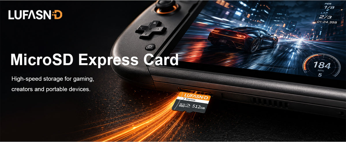 LUFASND microSD Express card with a handheld gaming device and orange light trails.