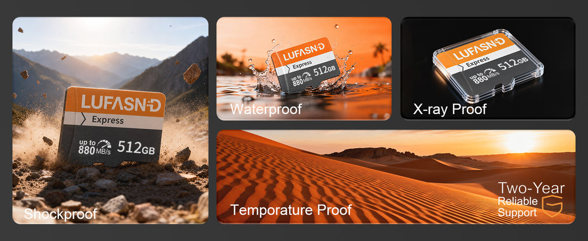 LUFASND 512GB Express Memory Card, up to 880MB/s read speed, Waterproof Shockproof Temperature Proof X‑ray Proof high performance flash memory card, 2‑Year Reliable Support for professional digital cameras.