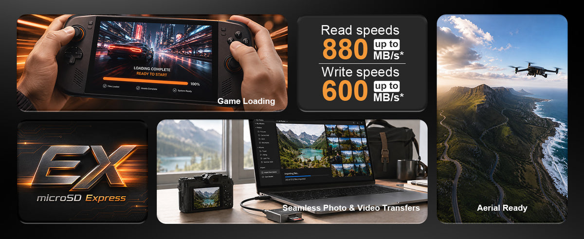 LUFASND memory card banner featuring aerial photography, handheld gaming and desktop computing scenes.