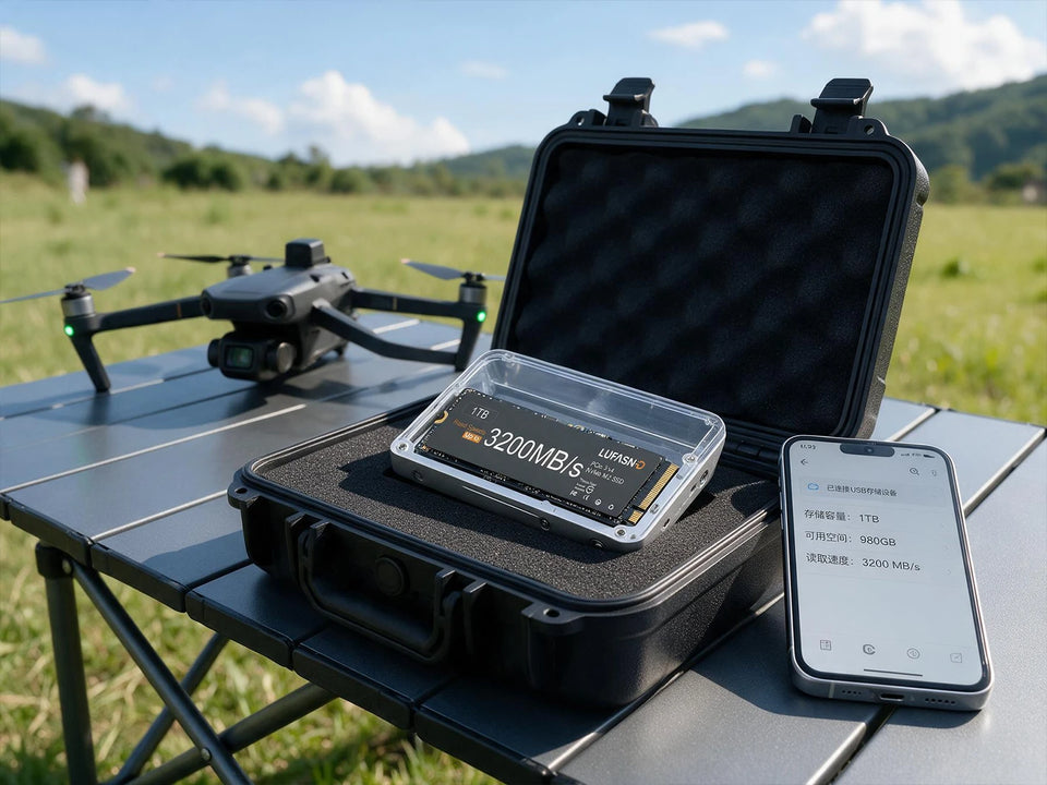 LUFASND NVMe SSD displayed in a protective carrying case beside a smartphone and drone outdoors