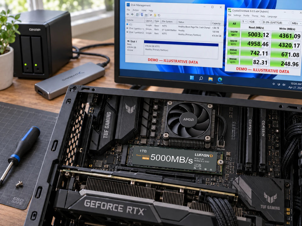 Desktop PC motherboard with an installed LUFASND NVMe SSD and storage benchmark results displayed on a monitor
