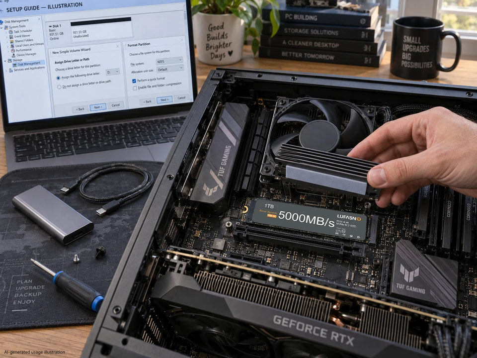 Hand installing a LUFASND M.2 NVMe SSD into a desktop computer motherboard