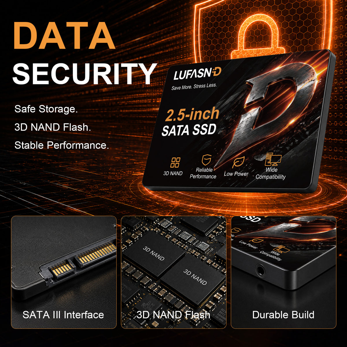 LUFASND 2.5‑inch SATA SSD data security introduction, SATA III interface 3D NAND flash durable build.
