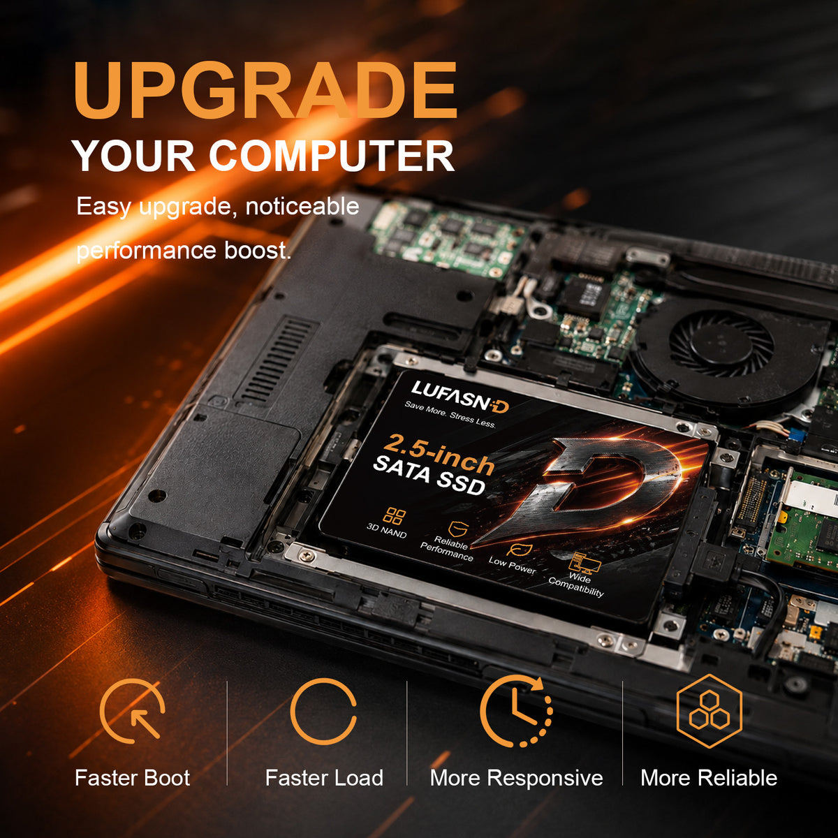 LUFASND 2.5‑inch SATA SSD installation scene, upgrade laptop desktop for faster boot and response.
