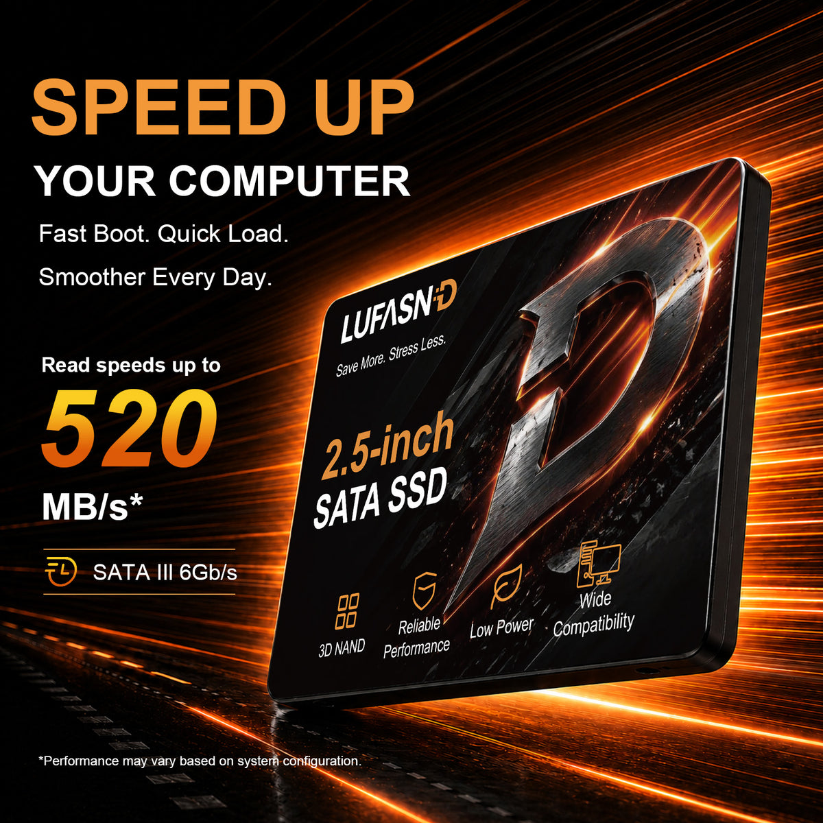 LUFASND 2.5-inch SATA III SSD with advertised read speeds up to 520MB/s; actual performance varies by system configuration.