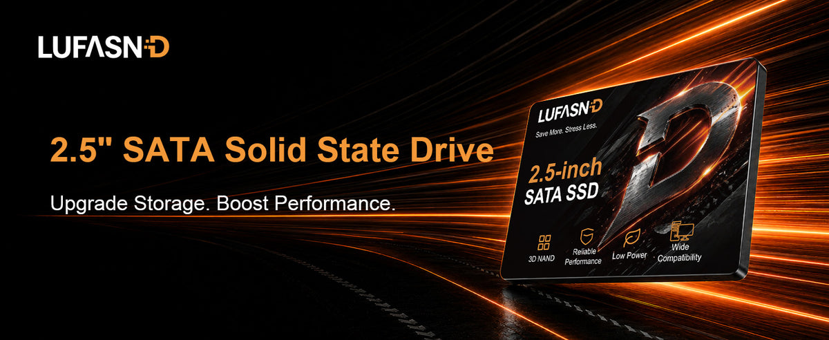 LUFASND 2.5-inch SATA SSD with orange light trails, highlighting a storage upgrade for everyday computing.