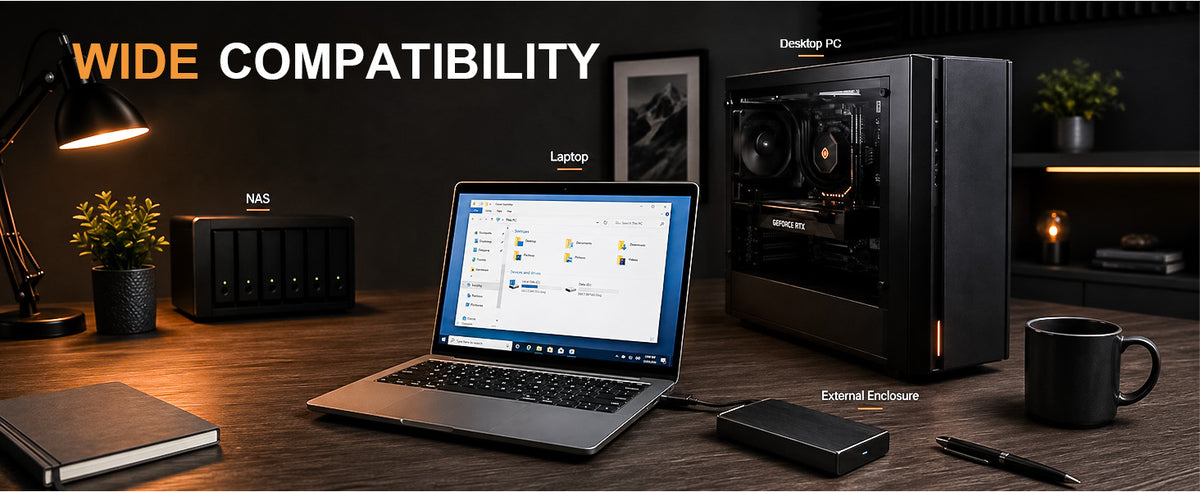 LUFASND 2.5-inch SATA SSD displayed with a laptop and desktop PC, illustrating device compatibility.