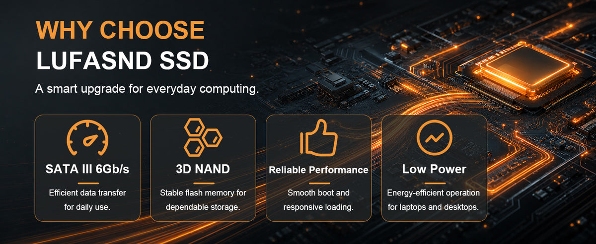 LUFASND SATA SSD features: SATA III 6 Gb/s interface, 3D NAND, reliable performance and low power consumption.