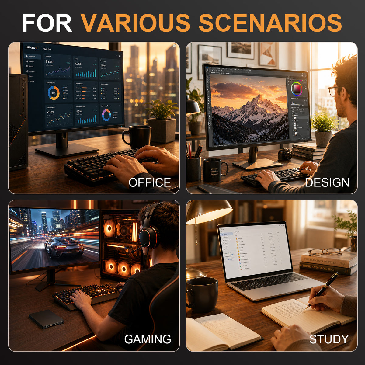 LUFASND SATA SSD multi‑usage scenario collage, office design gaming study daily computer workflow.