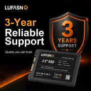 LUFASND 2.5‑inch SATA SSD warranty graphic, 3‑year reliable quality support for solid‑state drive.