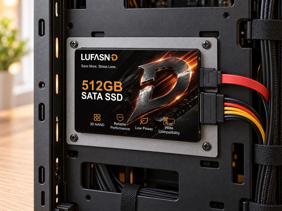 Close-up of a LUFASND SATA SSD installed on a desktop PC 