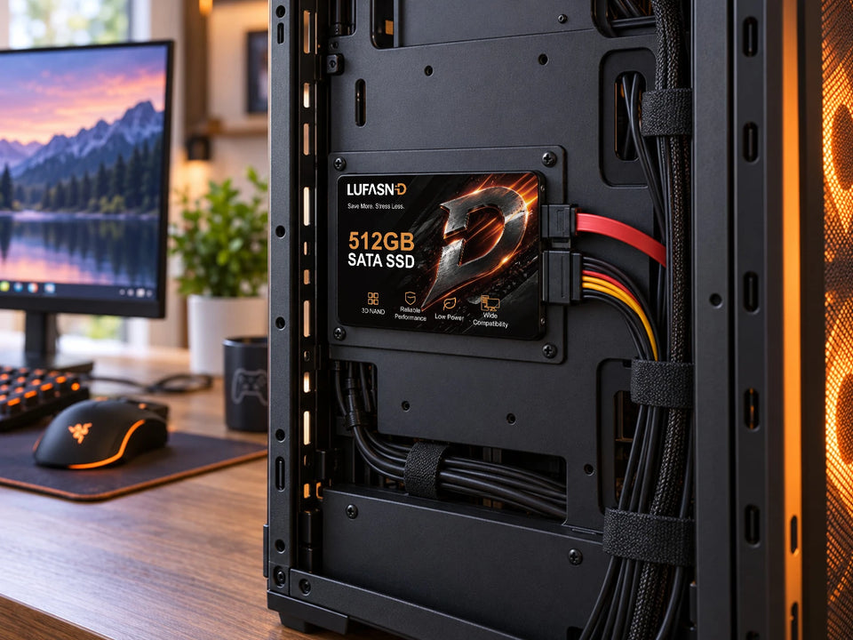 LUFASND NVMe SSD installed inside a desktop gaming PC with orange and black cables