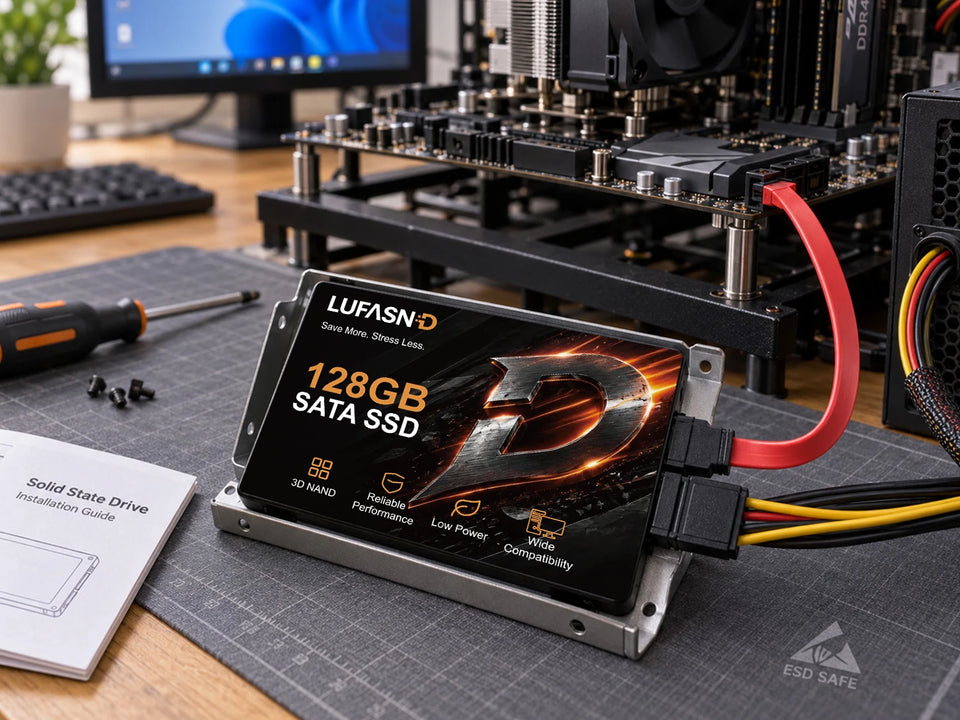 LUFASND 128GB SATA SSD installed in a desktop computer with SATA power and data cables connected.