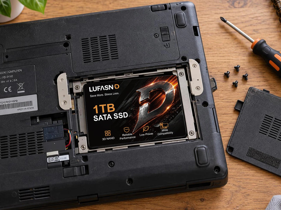 LUFASND 1TB SATA SSD installed in the underside of a laptop with the drive bay cover removed
