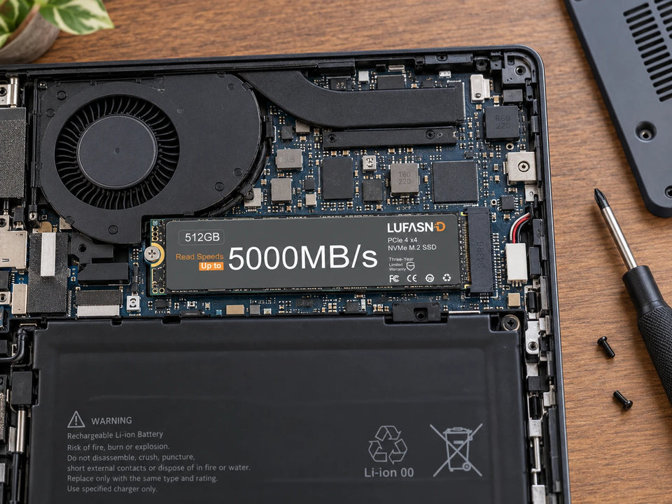 Close-up of a LUFASND M.2 NVMe SSD installed in a laptop computer