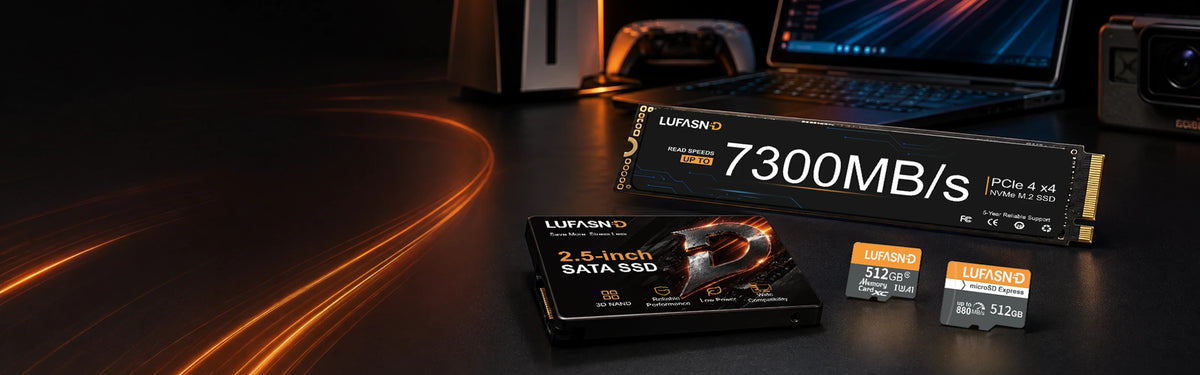 LUFASND NVMe SSD, SATA SSD and memory cards displayed in a computer workspace.