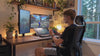 LUFASND high‑speed Express memory card product video, gamer playing video games on multi‑device gaming desktop setup.